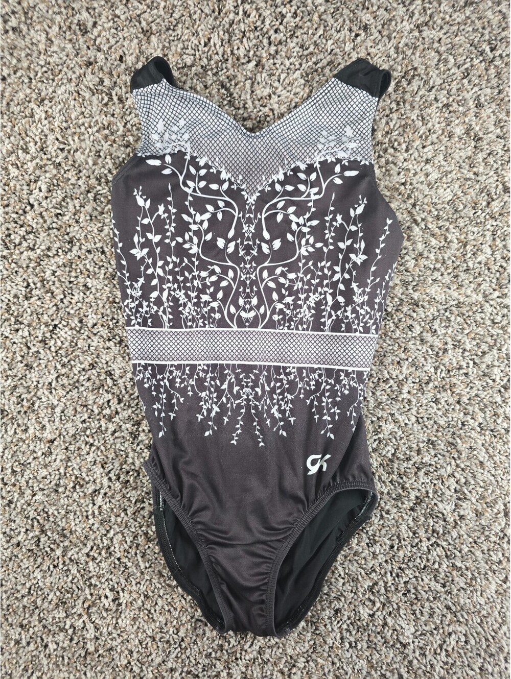 GK Elite Blooming Beauty Workout Leotard Girls Sz L Black White Gymnastics